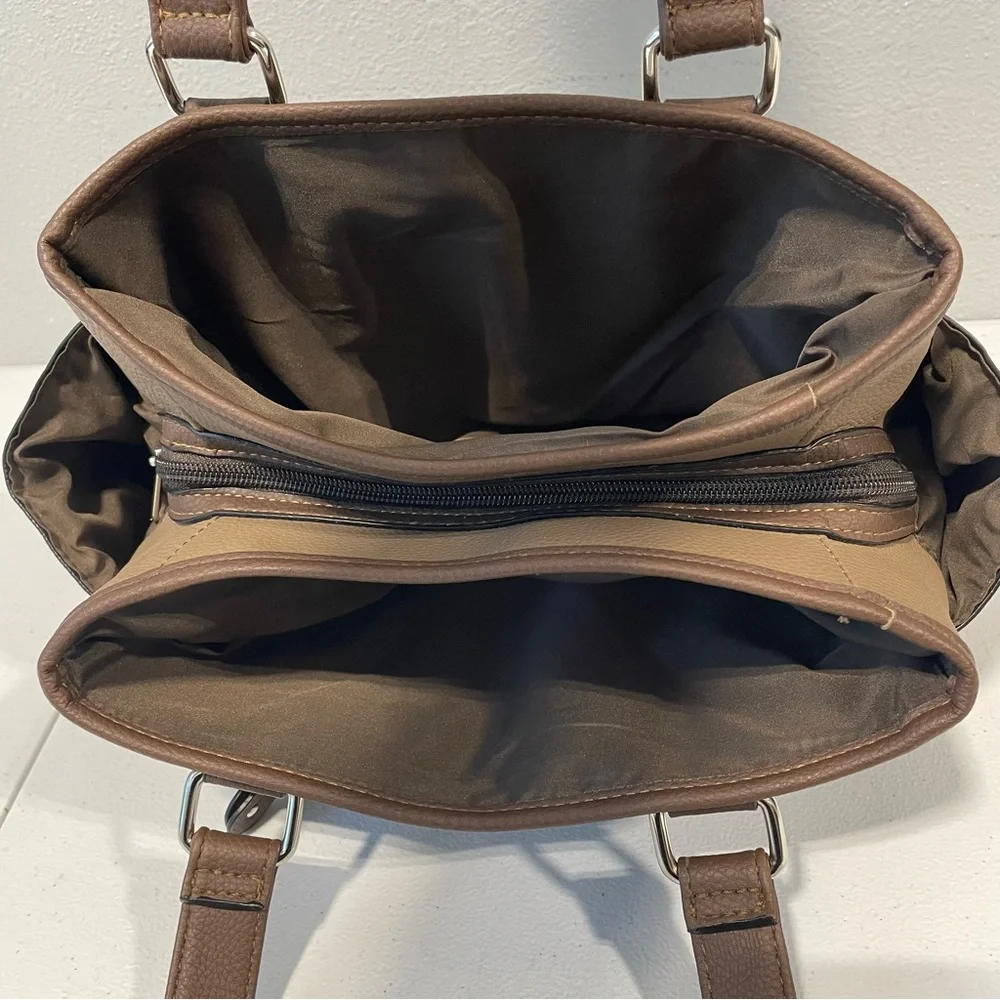 Faux Leather Double‎ Opening Center Zip Purse Hobo Bag Brown And Tan